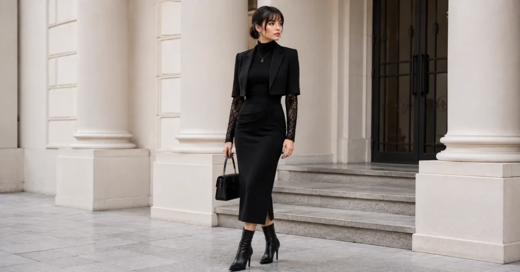 Wednesday Season 2 outfit ideas featuring an elegant elevated evening goth outfit