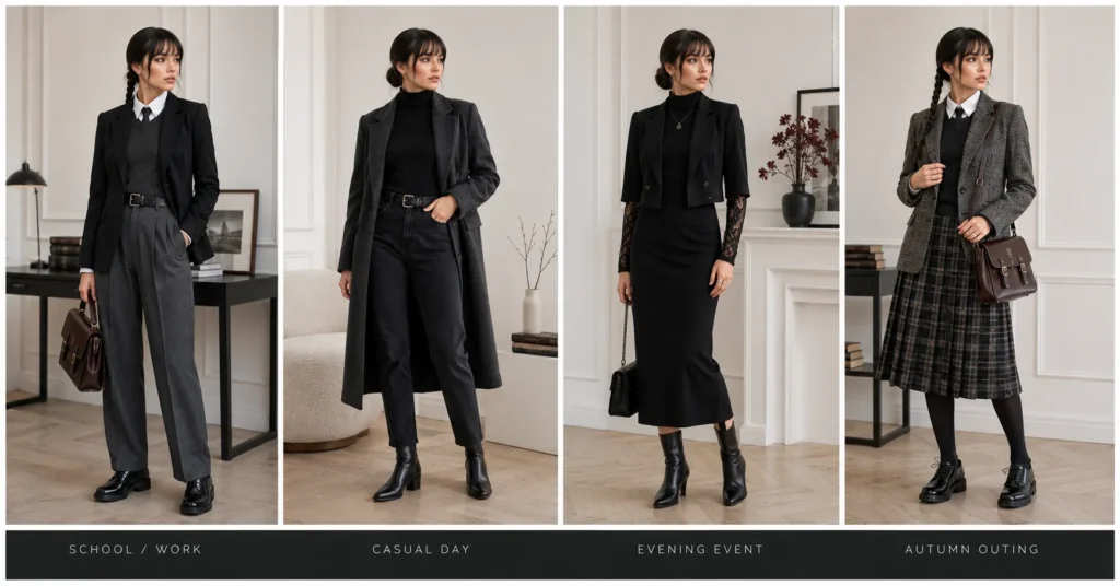 Wednesday Season 2 outfit ideas for school, casual days, evenings, and dark academia occasions