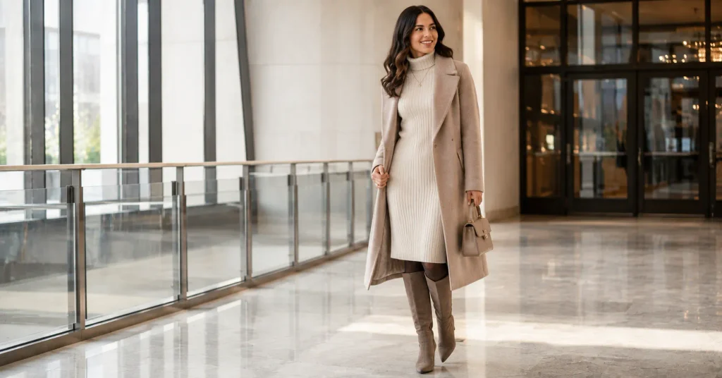 10 Stunning Winter Concert Outfit Ideas Women Will Love for Any Show 4 Winter Concert Outfit Ideas Women featuring a cozy sweater dress, thermal tights, tall boots, and a long coat