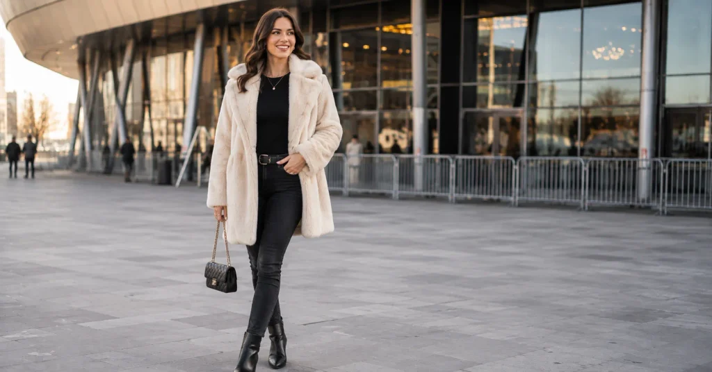 10 Stunning Winter Concert Outfit Ideas Women Will Love for Any Show 5 Winter Concert Outfit Ideas Women featuring a glamorous faux fur coat, black outfit, dark jeans, and ankle boots