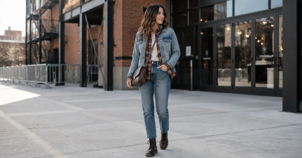 10 Stunning Winter Concert Outfit Ideas Women Will Love for Any Show 6 Winter Concert Outfit Ideas Women with layered denim, plaid flannel, jeans, and lace-up boots