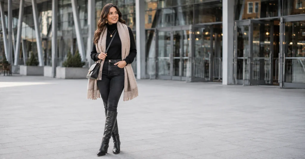 10 Stunning Winter Concert Outfit Ideas Women Will Love for Any Show 8 Winter Concert Outfit Ideas Women with a black turtleneck, dark jeans, knee-high boots, cozy scarf, and statement accessories