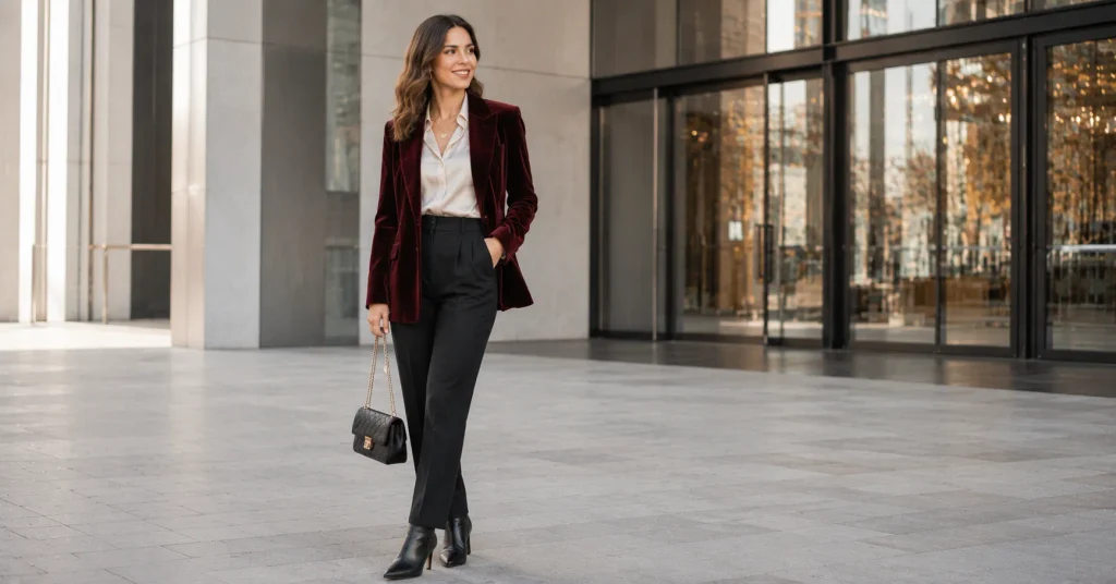 10 Stunning Winter Concert Outfit Ideas Women Will Love for Any Show 9 Winter Concert Outfit Ideas Women featuring a burgundy velvet blazer, tailored trousers, ankle boots, and elegant accessories