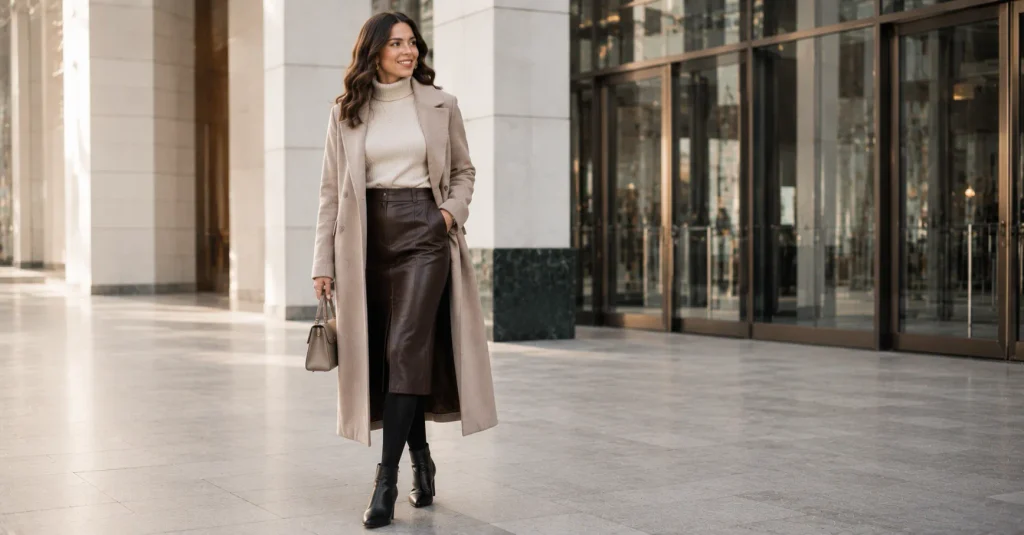 10 Stunning Winter Concert Outfit Ideas Women Will Love for Any Show 11 Winter Concert Outfit Ideas Women featuring a cream turtleneck, leather midi skirt, thermal tights, ankle boots, and wool coat