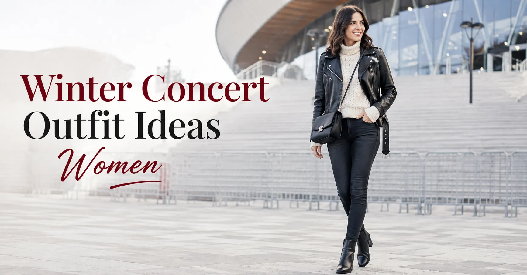 Winter Concert Outfit Ideas Women featuring a stylish adult woman in a leather jacket, cozy sweater, jeans, and ankle boots