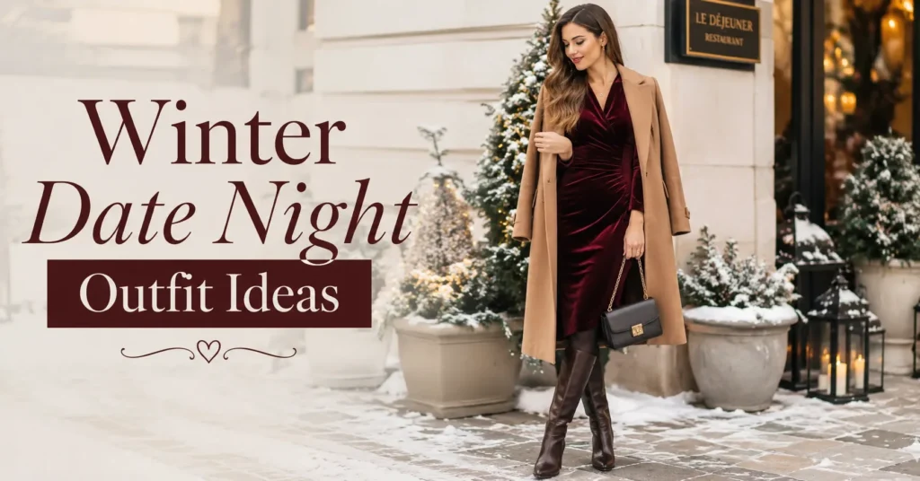 35 Stunning Winter Date Night Outfit Ideas for a Chic Cold Weather Look 2 Winter Date Night Outfit Ideas featuring a burgundy velvet dress, thermal tights, knee-high boots, and camel wool coat