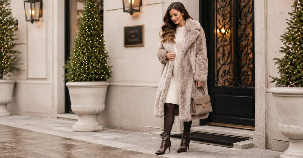 35 Stunning Winter Date Night Outfit Ideas for a Chic Cold Weather Look 5 Winter Date Night Outfit Ideas featuring a faux fur statement coat, knit dress, tights, and ankle boots