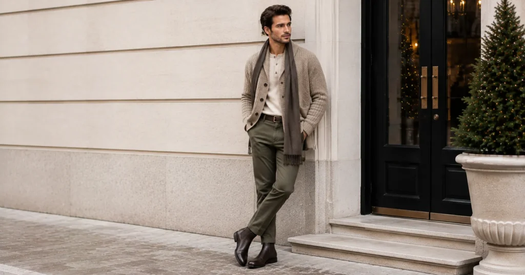 35 Stunning Winter Date Night Outfit Ideas for a Chic Cold Weather Look 11 Winter Date Night Outfit Ideas for Men with a chunky cardigan