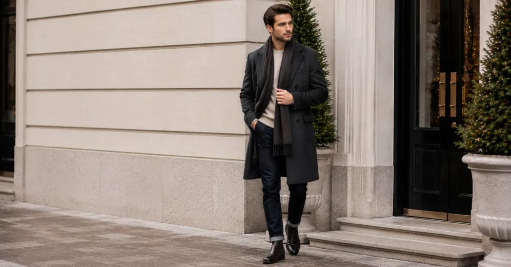 35 Stunning Winter Date Night Outfit Ideas for a Chic Cold Weather Look 10 Winter Date Night Outfit Ideas for Men with a tailored wool overcoat, sweater, dark jeans, and Chelsea boots