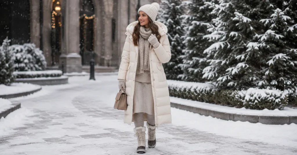35 Stunning Winter Date Night Outfit Ideas for a Chic Cold Weather Look 14 Winter Date Night Outfit Ideas for freezing temperatures with thermal layers, insulated coat, scarf, gloves, and warm boots