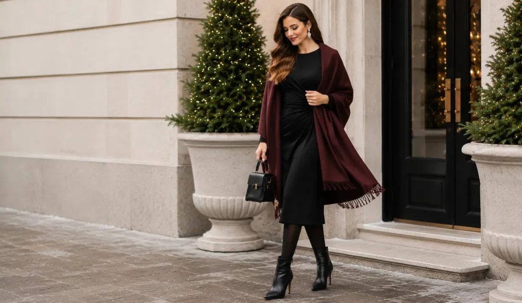 35 Stunning Winter Date Night Outfit Ideas for a Chic Cold Weather Look 7 Winter Date Night Outfit Ideas with a little black dress, thermal tights, wool wrap, and ankle boots