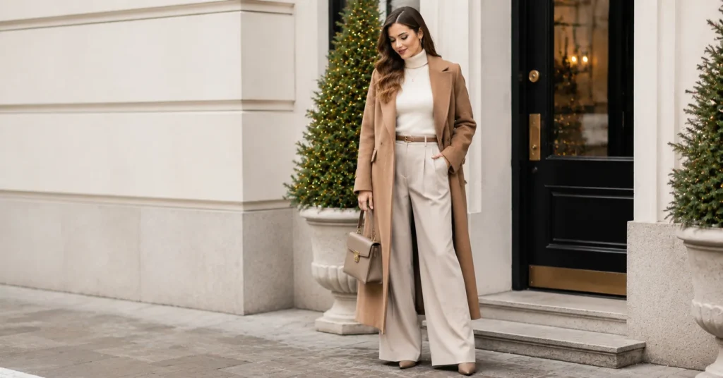 35 Stunning Winter Date Night Outfit Ideas for a Chic Cold Weather Look 6 Winter Date Night Outfit Ideas with wide-leg trousers, a cream turtleneck, and camel wool coat