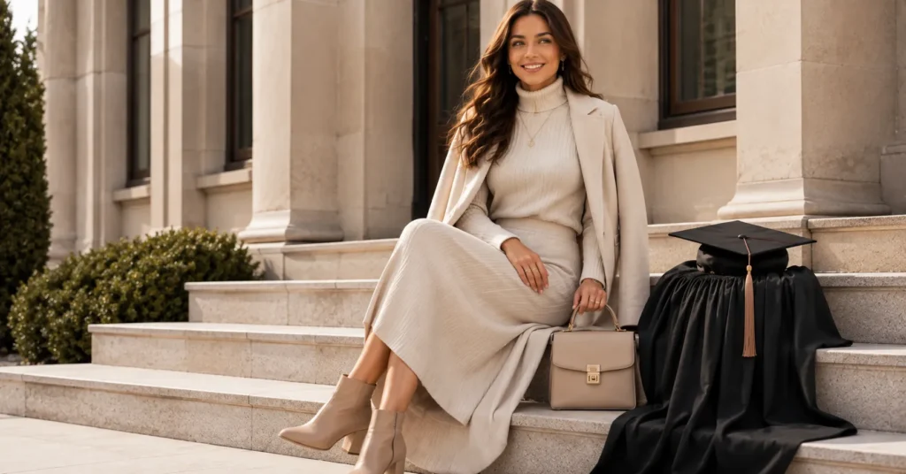 30 Effortless Winter Graduation Outfit Ideas for a Stylish Celebration 6 Winter Graduation Outfit Ideas featuring a sophisticated monochrome knit set