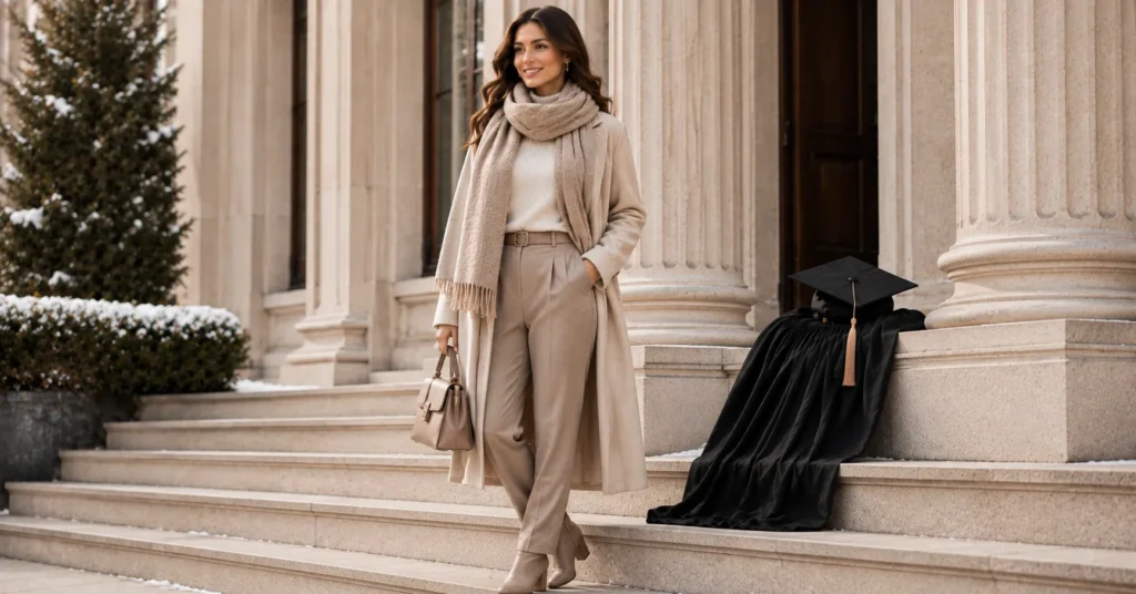 30 Effortless Winter Graduation Outfit Ideas for a Stylish Celebration 8 Winter Graduation Outfit Ideas with a cozy scarf, sweater, and tailored trousers
