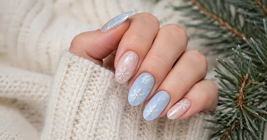 12 Dazzling Winter Nail Art Ideas for a Trendy Seasonal Manicure 3 Winter Nail Art Ideas featuring delicate white snowflake nail art on an icy blue manicure.