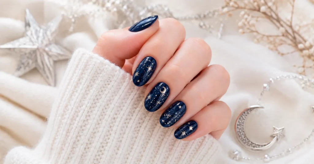 12 Dazzling Winter Nail Art Ideas for a Trendy Seasonal Manicure 12 Winter Nail Art Ideas featuring dreamy navy starry night nails with gold and silver stars.