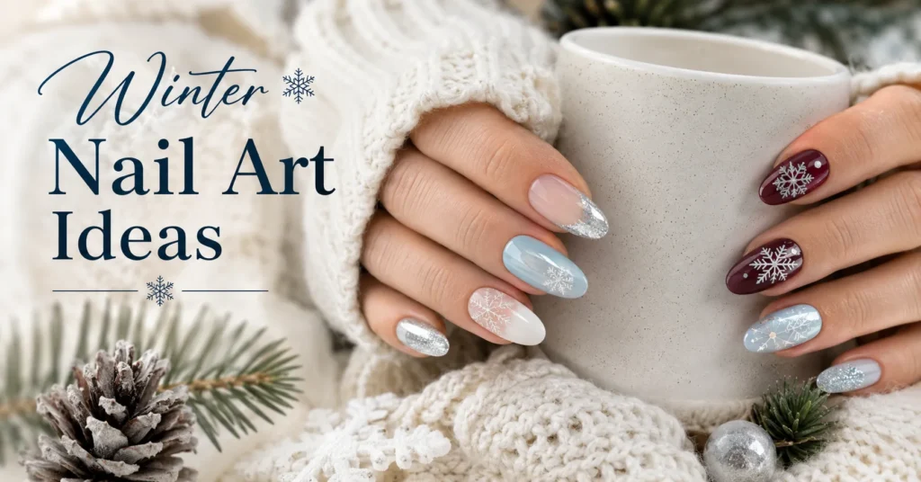 12 Dazzling Winter Nail Art Ideas for a Trendy Seasonal Manicure 1 Winter Nail Art Ideas featuring elegant snowflake, chrome, berry, glitter and frosted manicure designs.