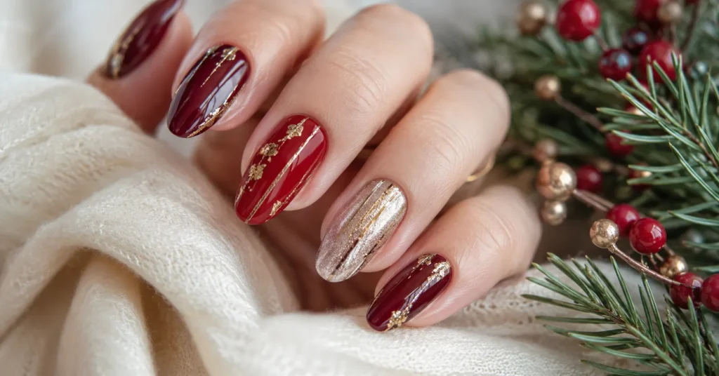 12 Dazzling Winter Nail Art Ideas for a Trendy Seasonal Manicure 14 Winter Nail Art Ideas featuring festive berry and red nails with elegant gold metallic accents.
