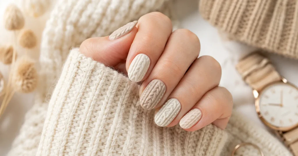 12 Dazzling Winter Nail Art Ideas for a Trendy Seasonal Manicure 4 Winter Nail Art Ideas featuring cozy cream sweater-inspired cable-knit nails.