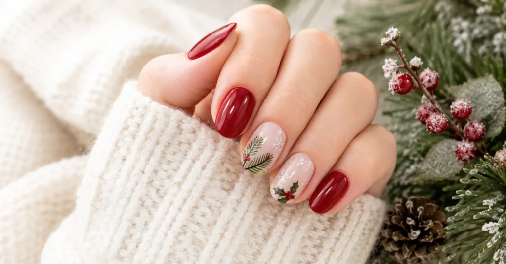 12 Dazzling Winter Nail Art Ideas for a Trendy Seasonal Manicure 5 Winter Nail Art Ideas featuring elegant red, green, white and gold Christmas nail designs.