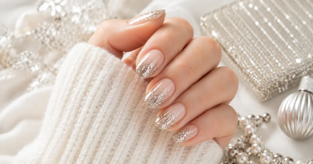 12 Dazzling Winter Nail Art Ideas for a Trendy Seasonal Manicure 8 Winter Nail Art Ideas featuring sparkling silver and champagne glitter party nails.