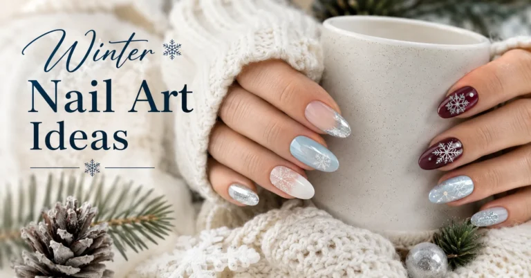 Winter Nail Art Ideas featuring elegant snowflake, chrome, berry, glitter and frosted manicure designs.