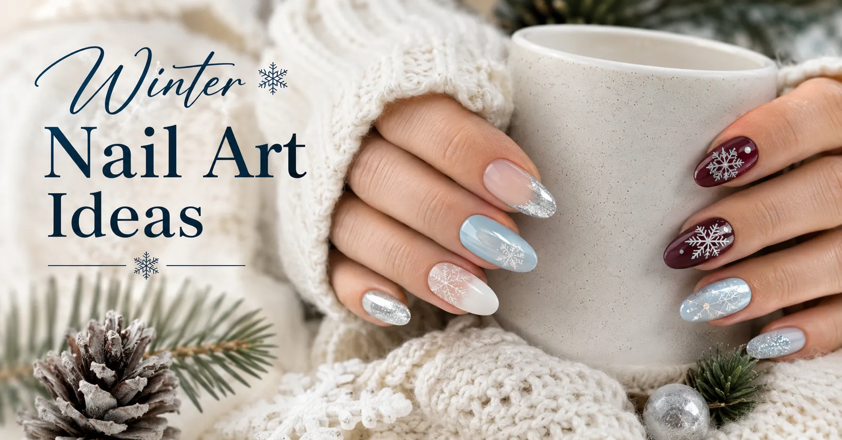 Winter Nail Art Ideas featuring elegant snowflake, chrome, berry, glitter and frosted manicure designs.