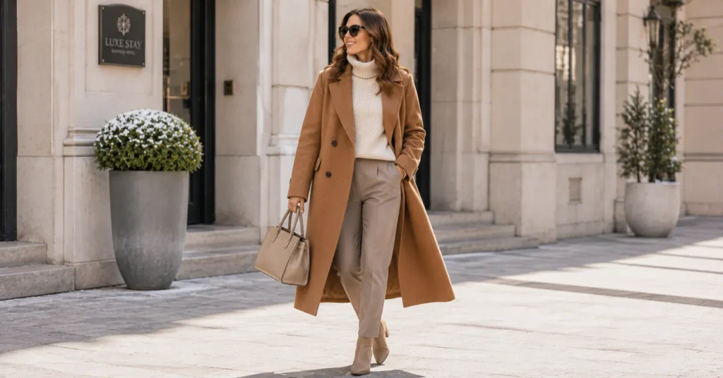 10 Essential Winter Travel Outfit Ideas Women Will Absolutely Love 12 Winter Travel Outfit Ideas Women featuring a statement wool coat with neutral sweater, tailored trousers, and ankle boots