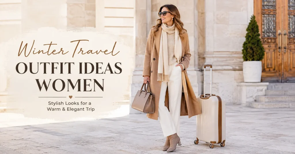 Winter Travel Outfit Ideas Women featuring a stylish neutral winter travel outfit with wool coat and knit layers