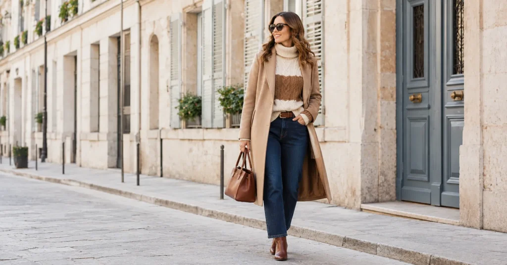 10 Essential Winter Travel Outfit Ideas Women Will Absolutely Love 4 Winter Travel Outfit Ideas Women featuring a cozy knit sweater, dark jeans, ankle boots, and camel coat