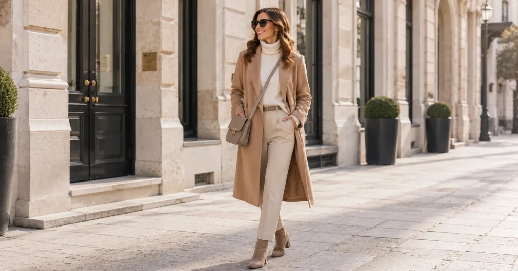 10 Essential Winter Travel Outfit Ideas Women Will Absolutely Love 5 Winter Travel Outfit Ideas Women featuring an elevated city explorer look with camel coat, turtleneck, and tailored trousers