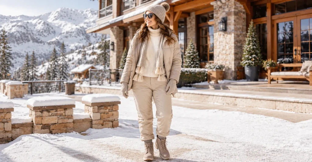10 Essential Winter Travel Outfit Ideas Women Will Absolutely Love 6 Winter Travel Outfit Ideas Women featuring a cozy ski town outfit with fleece pullover, puffer jacket, and winter boots