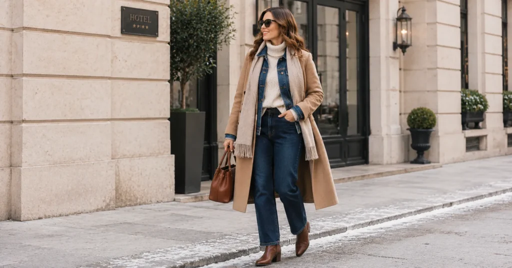 10 Essential Winter Travel Outfit Ideas Women Will Absolutely Love 9 Winter Travel Outfit Ideas Women featuring layered denim, a chunky sweater, wool coat, jeans, and ankle boots