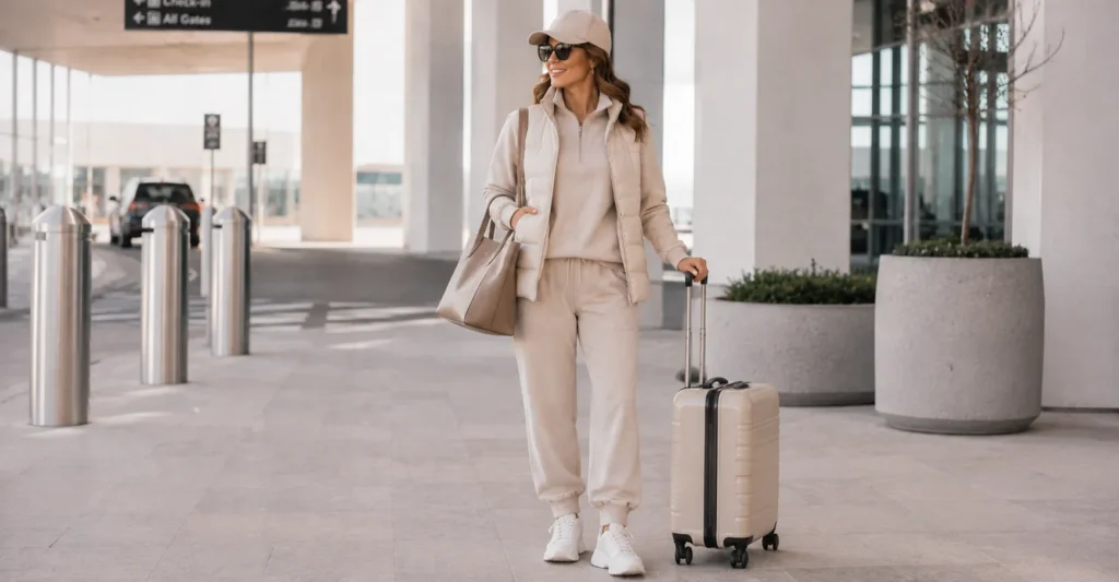 10 Essential Winter Travel Outfit Ideas Women Will Absolutely Love 10 Winter Travel Outfit Ideas Women featuring neutral travel athleisure with matching sweatshirt, puffer vest, and sneakers