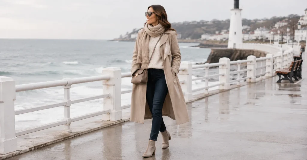 10 Essential Winter Travel Outfit Ideas Women Will Absolutely Love 11 Winter Travel Outfit Ideas Women featuring a chic coastal look with trench coat, knit sweater, jeans, and scarf