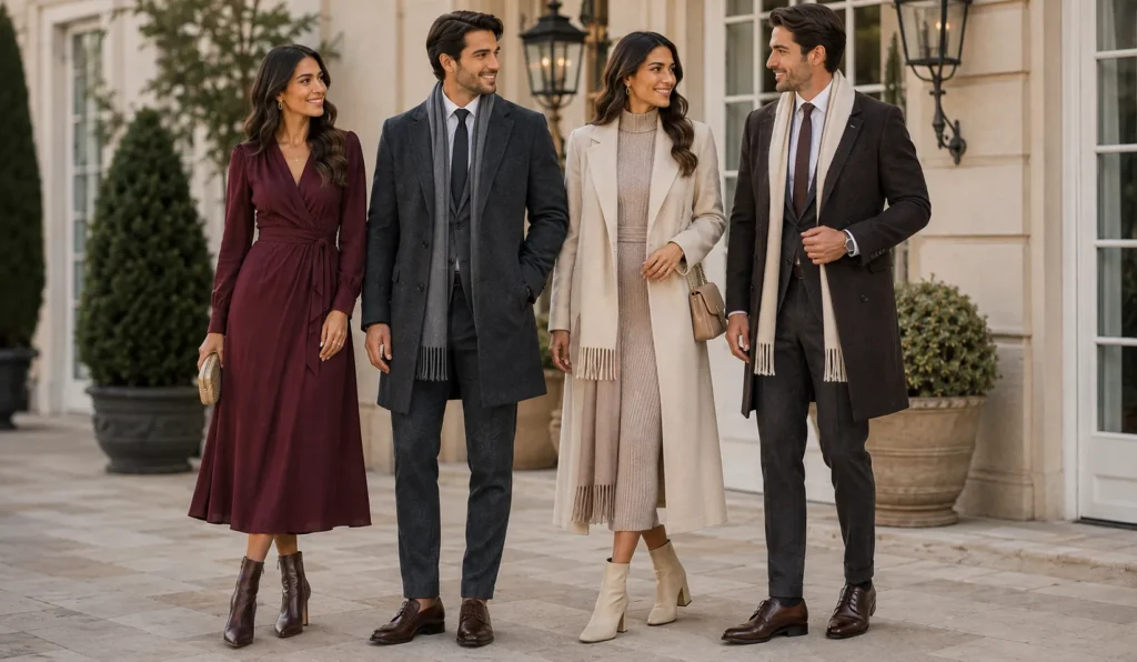 Dazzling Wedding Welcome Party Outfit Ideas for Every Guest 12 Winter Wedding Welcome Party Outfit Ideas with warm elegant wedding guest fashion.