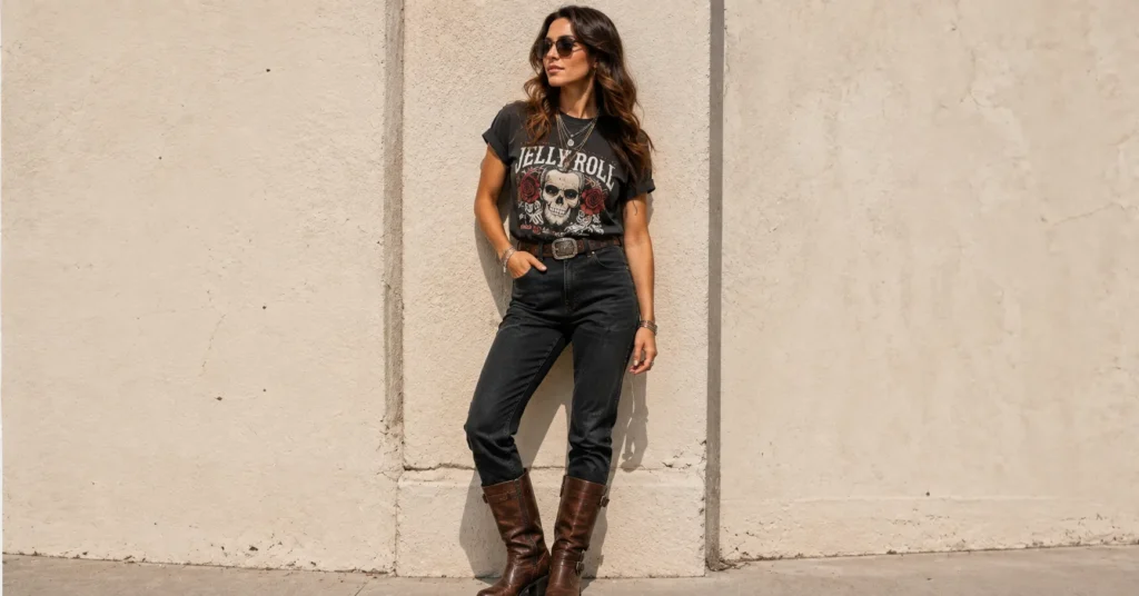 Ultimate Jelly Roll Concert Outfit Ideas: What to Wear for an Unforgettable Show 4 Women's Band Tee and Dark Denim Jelly Roll Concert Outfit Ideas.