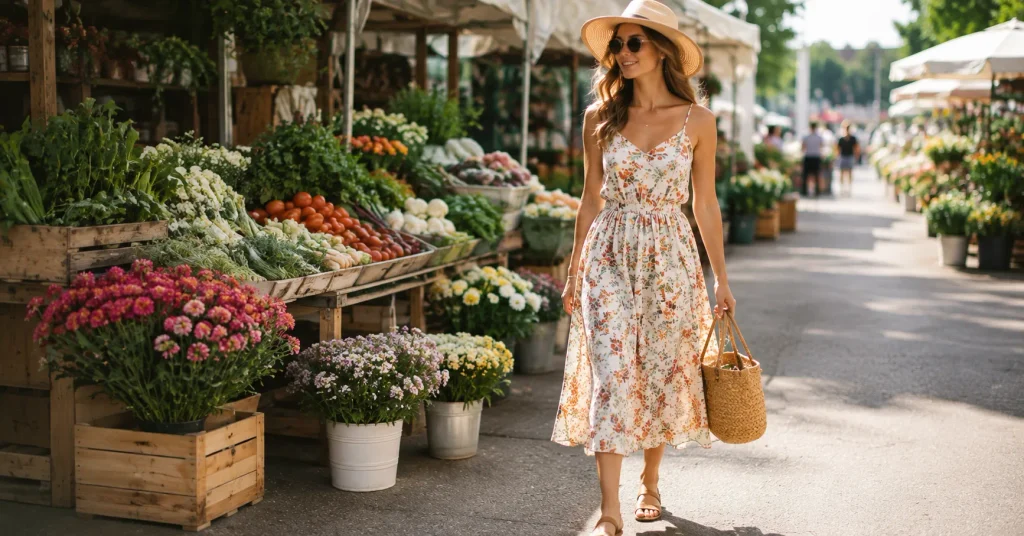 10 Effortless Farmers Market Outfit Ideas for a Cute Casual Weekend Look 3 Farmers Market Outfit Ideas featuring a breezy floral sundress, flat sandals, straw hat, and woven basket bag