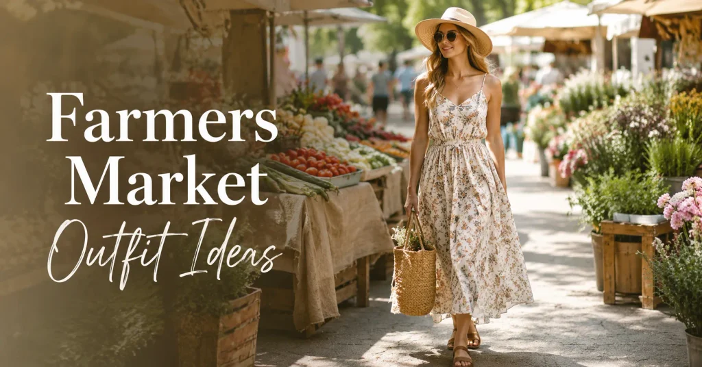 10 Effortless Farmers Market Outfit Ideas for a Cute Casual Weekend Look 2 Farmers Market Outfit Ideas featuring a stylish woman in a floral sundress, straw hat, sandals, and woven market tote