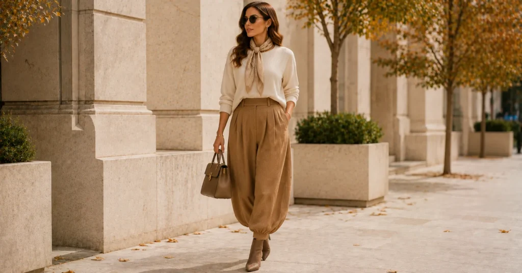 Balloon Pants Outfit Ideas with a cozy knit sweater for fall
