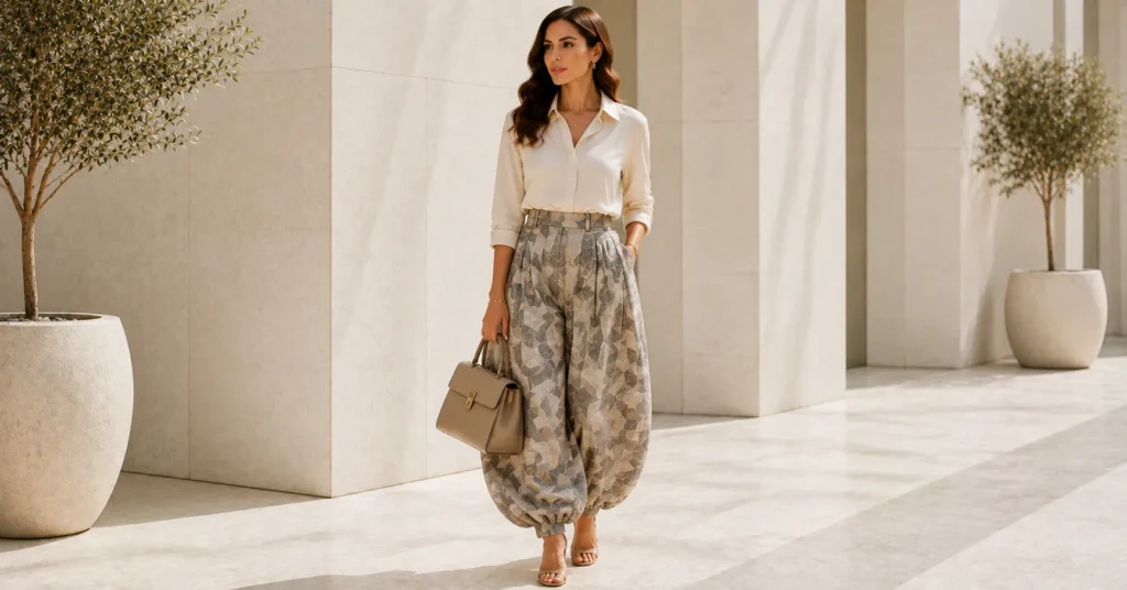 Balloon Pants Outfit Ideas featuring bold printed balloon pants and a solid top