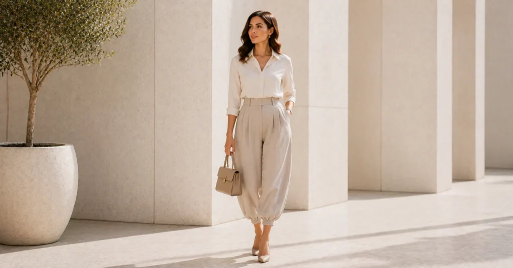 Balloon Pants Outfit Ideas for petite women with high-waisted pants and heels