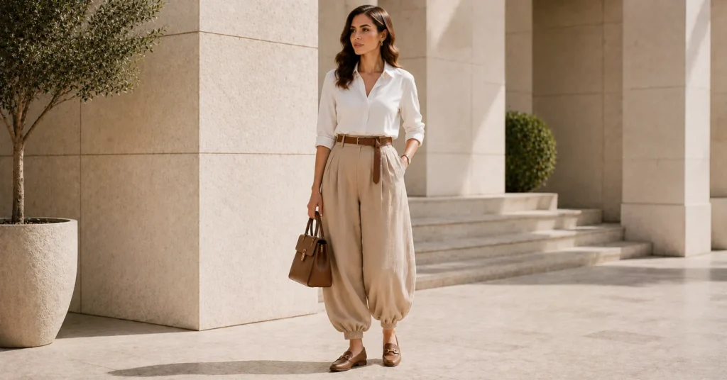 Balloon Pants Outfit Ideas with slouchy trousers, a belted waist, and loafers