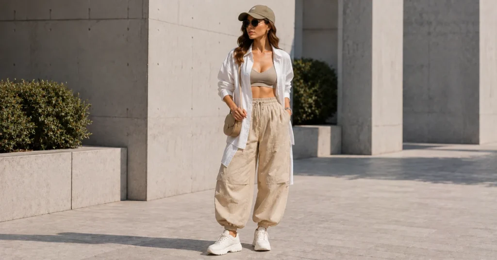 Balloon Pants Outfit Ideas with parachute-style balloon pants and layered bralette styling