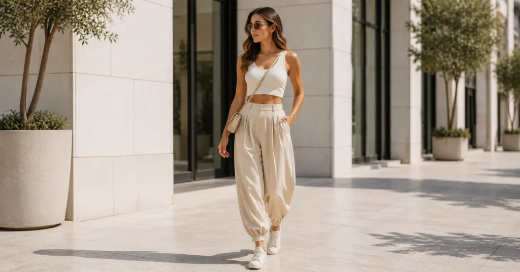 Balloon Pants Outfit Ideas with a trendy cropped top and high-waisted pants
