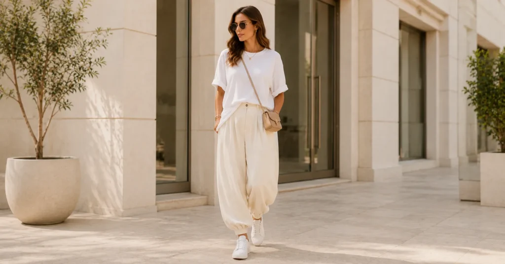 Balloon Pants Outfit Ideas with an oversized tee and white sneakers