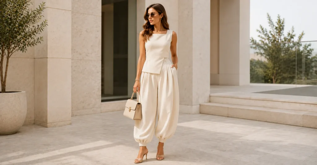 Balloon Pants Outfit Ideas featuring a chic monochrome balloon pants set