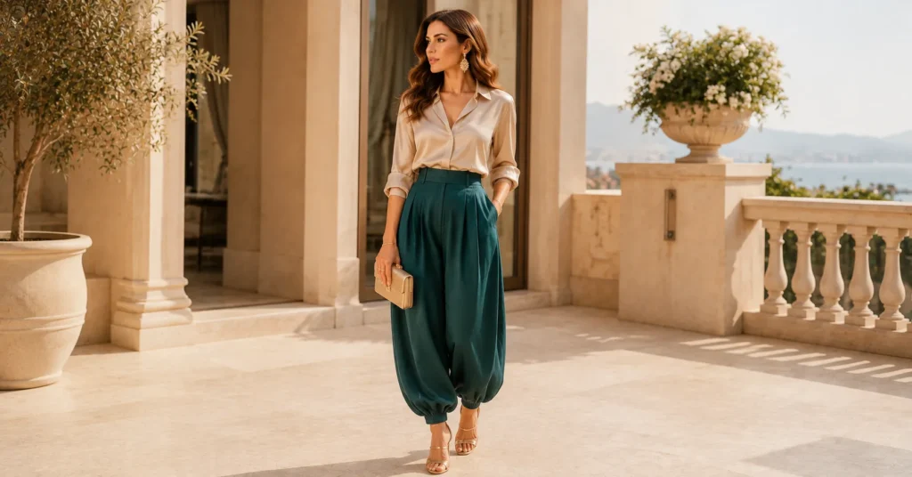 Balloon Pants Outfit Ideas with elegant evening balloon pants and a satin top