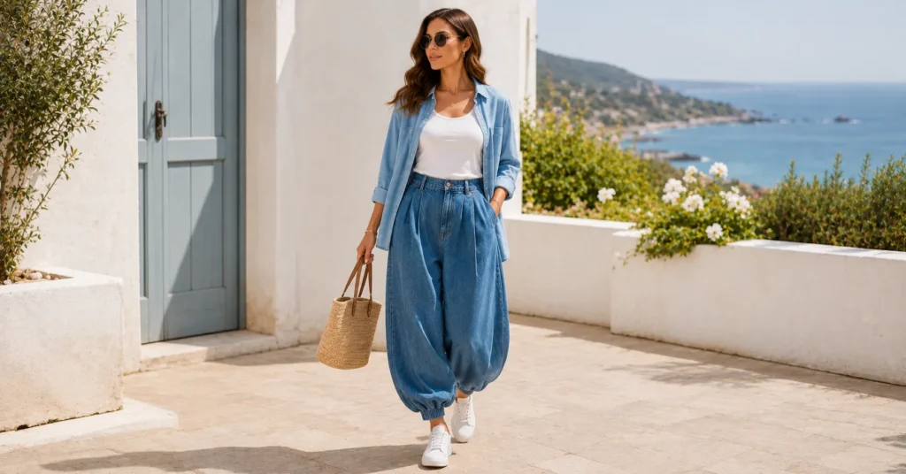 Balloon Pants Outfit Ideas with denim balloon pants and a chambray shirt