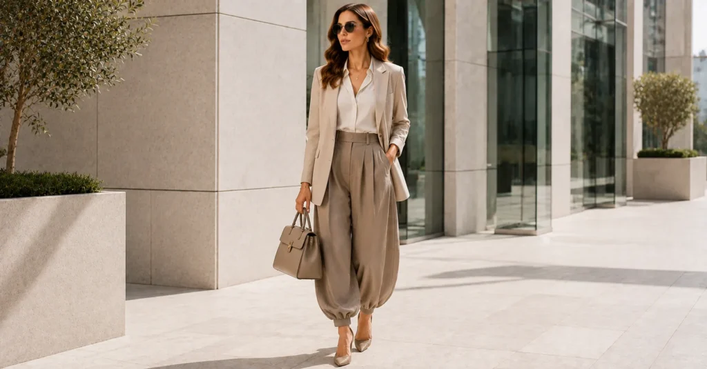 Balloon Pants Outfit Ideas for work with a tailored blazer and elegant blouse